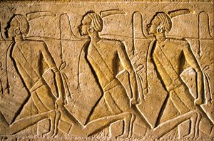 Ancient Egypt, Wall Painting/Carving, Row of Prisoners Representing the Kushite People, Depicted as African, Who Have Been Defeated by Rameses II, Temple of Rameses II, Abu Simbel by School Egyptian