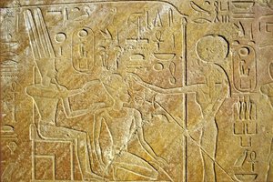 Wall painting/carving, Sakhmet addresses Amon Ra and Hatshepsut, Karnak Temple, Luxor