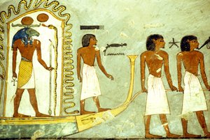Wall painting/carving, Journey through the underworld boat drawn along by men, Tomb of Rameses I, Thebes by School Egyptian