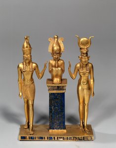 Egyptian antiquity: Osirian triad in the name of Osorkon. Gold pendant and lapis lazuli