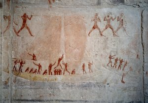 Egyptian antiquities: a sailboat. Limestone relief from the Chapel of Mastaba of Akhethetep in Saqqara. 5th dynasty (around 2500-2350 BC) 2300 BC. Paris, Louvre Museum by School Egyptian