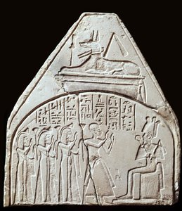 Ancient Egypt: stele fragment representing the worship of the god Osiris. Above it is representing Anubis. Paris, Louvre Museum