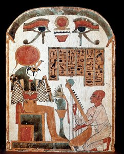 Egyptian antiquity: stela of the Harpist Jedkhonsuiufankh worshiping the god Horus. Intermediate period. 1069-664 BC. Paris, Louvre Museum
