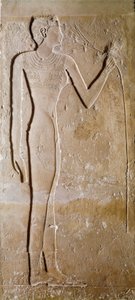 Egyptian antiquity: young woman with lotus flower. Limestone. 5th dynasty, 2300 BC. Paris, Louvre Museum by School Egyptian
