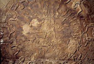Egyptian antiquities: zodiac (detail) with relief constellations from the ceiling of the east chapel of Osiris from the Temple of Hathor in Denderah. 30 BC. Paris, Louvre Museum