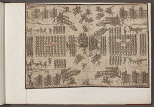 A battle. Armies in formation. Drawings of armies, soldiers, horses and harnesses, and other military scenes. 1500-1650