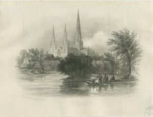 Lichfield Cathedral - South West View: engraving (vignetted), nd [c 1842] by School English