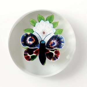 Baccarat butterfly and flower weight, the insect with deep purple body, pale blue-grey eyes and antennae