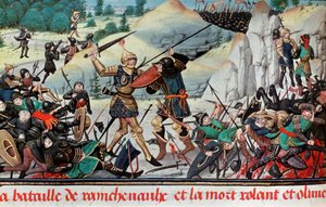Death of the knight Roland, nephew of Charlemagne, at the Battle of Roncevaux (778). Miniature by School French