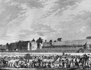 French Revolution: Death of Jean Sylvain Bailly on 12 November 1793 by guillotine, for having testified in favor of Marie Antoinette at his hearing, on the esplanade of the Champ de Mars in Paris. Paris, Library of the Institute of History of Revolution by School French
