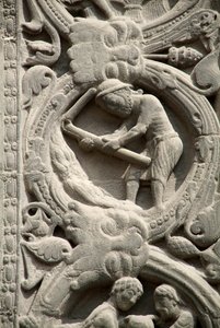 Gothic Art: Pieright of the right gate of the western facade of the Basilica of Saint Denis, representing the work of the fields: August. Saint-Denis, France by School French