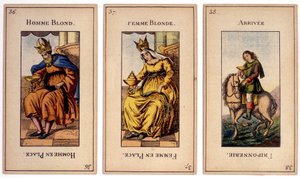 Old playing cards depicting the king blond man, the queen blonde woman and the arrival friponnerie. Musée de la Carte à Joulier, Issy-les-Moulineaux