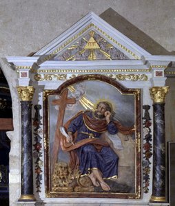 Saint Mark the Evangelist and its symbol: the lion. Altarpiece of the Church of Pear on Life, Vendee.