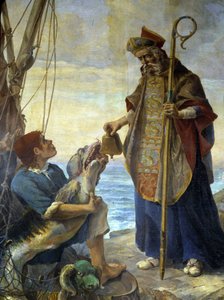 St Pol de Leon receives by a fish, on the island of Batz, the bell that King Mark had refused him in Ouessant, v. 530 - painting of the church of Morlaix by School French