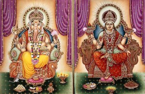 Lord Ganesh Ganpati Goddess and Lakshmi Miniature Painting on Ivory