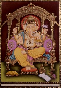 Lord Ganesh Ganpati Miniature Painting on Paper with Gold Embossing by School Indian