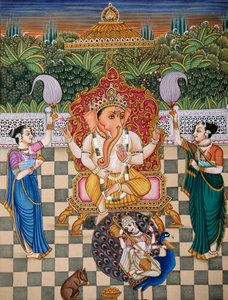 Lord Ganesh Ganpati Riddhi and Siddhi Miniature Painting on Paper