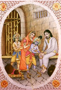 Miniature Ivory Painting of Krishna Balram and Devaki Vasudeva by School Indian