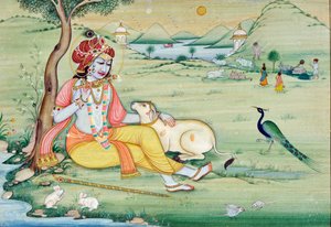 Miniature Painting of Krishna Playing Flute by School Indian