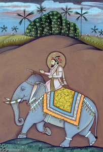 Miniature Painting of Mughal Emperor Shah Jahan Sitting on Elephant by School Indian