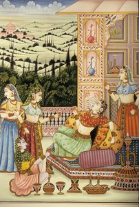 Miniature Painting of Mughal Lady Enjoying Drink by School Indian