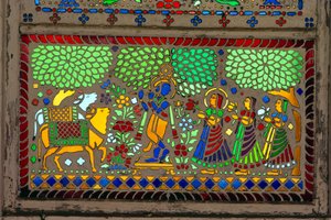 Radha Krishna with Sakhi on Stained Glass by School Indian