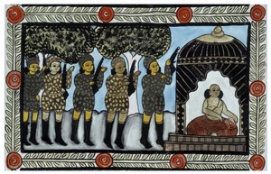 The story of the attacks of 11 September 2001 told by the peddlers Baul from Bengal. Painting, series, number 2/9, Bengal.
