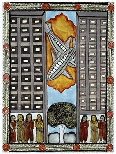 The story of the attacks of 11 September 2001 told by the peddlers Baul from Bengal, an illustration of the planes taking part in the World Trade Center in New York. Painting, series, number 3/9, Bengal.