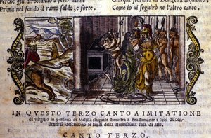 Bradamante meets the magician Melisse who tells her that she and Roger founded the Este dynasty. Scene taken from the knightly poem 