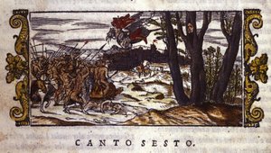 Ruggiero is carried by the hippogriff to the island of Alcina where he is attacked by an army of monsters, scene from Orlando Furioso by Ludovico Ariosto