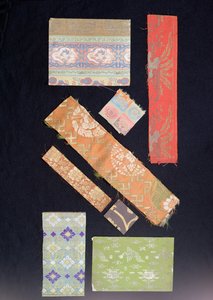 Fragments of fabric used for obi sashes, kimonos, No costumes and Kesa costumes for priests by Japanese School
