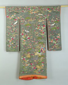 Grey robe decorated with flowers and birds, Japanese by Japanese School