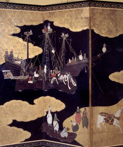 Portuguese screen: a representation of the arrival of Portuguese Jesuit missionaries in Japan in the 16th century (detail) by Japanese School