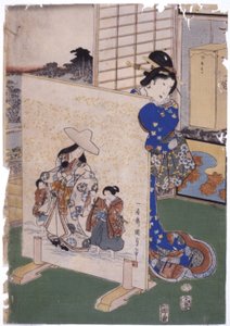 Woman Stands Behind Tsuitate with Painting Signed 