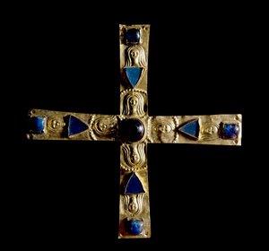Archaeology of the Middle Ages. Barbarian art of Lombardy: Cross of Gisulfo, in bumped gold leaf with semi-precious stones. Made by a Lombard master of the 7th century. Italy, Cividale del Friuli, Musee archeol by School Lombard