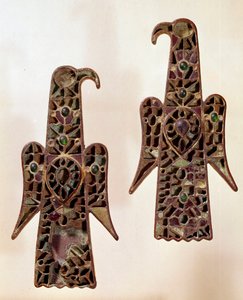 Merovingian Art: Pair of Fibulae (Safety Pin) Aqualiformes (Eagles). Enamel Cloisonné, 6th century, Merovingian Dynasty. From Castelsagrat. Musee Cluny, Paris