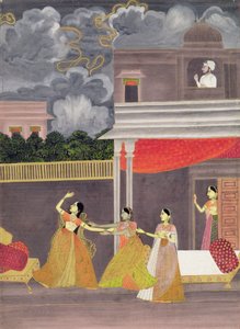 A lady brought in from a storm at night: illustration from the musical mode Madhu Madhavi by School Mughal