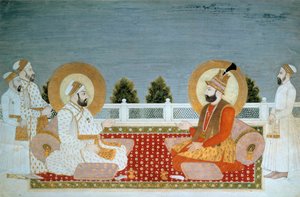 Indian Art: Representation of Mohammed Shah (1702-1748) Indian Emperor and Nadir Shah (1688-1747), Shah of Iran. Miniature of the Mughal School. Paris, Musee Guimet, Musee national des Arts Asiatiques
