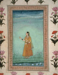 Lady holding fruit, standing by a lily pond, from the Small Clive Album, c.1600