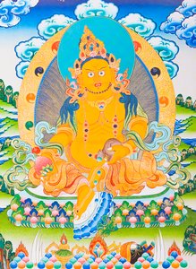 Image depicting Dzambhala, the yellow Dzambhala is the manifestation of the Buddha Ratnasambhava symbolising wealth in the materialistic world