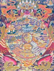 Wheel of life depicting the Kalachakra or deluded existence held in the mouth of Yama, the god of death representing birth, death and rebirth by School Nepalese