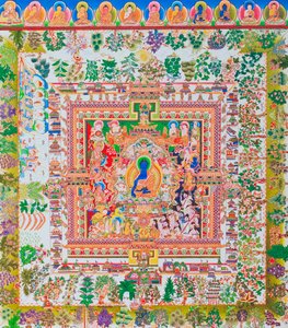 Medicine Buddha Mandala, the centre figure of Bhaisajyaguru represents the supreme healer in monastic robes with a bowl containing medicinal plants