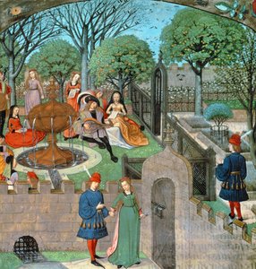 Garden scene, the lover and dame Oyseuse (Idleness) outside the garden walls, from the 