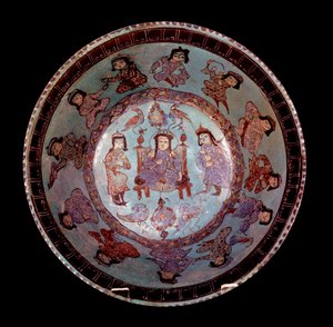 Polychrome Conical Bowl on a Blue Background Depicting a Prince Sitting on His Throne Between Two Pages