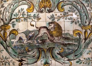 Dog threatening a lion (detail)