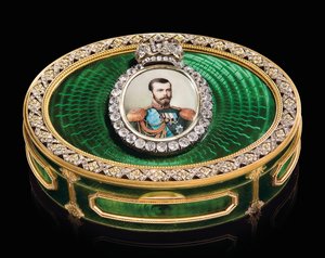 A jewelled snuff-box with a watercolor miniature of Emperor Nicholas II, c. 1890