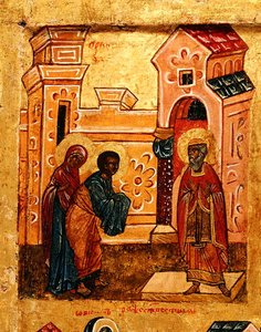 Icon depicting Joachim and Anna visiting the Temple in Jerusalem (detail) by School Russian