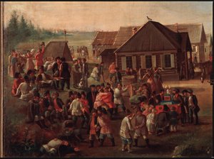 Public Festivities in the Village of Alexeevskoye. Painting by a Russian Master, mid-19th century