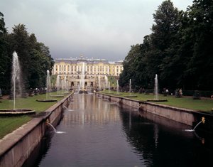 View of the Large Waterfall of the Castle of Peterhof, Realized Under Peter the Great Near Saint Petersburg, Russia