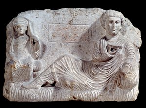 Burial relief in limestone of Taime and his wife from Palmyra, 200 AD by School Syrian